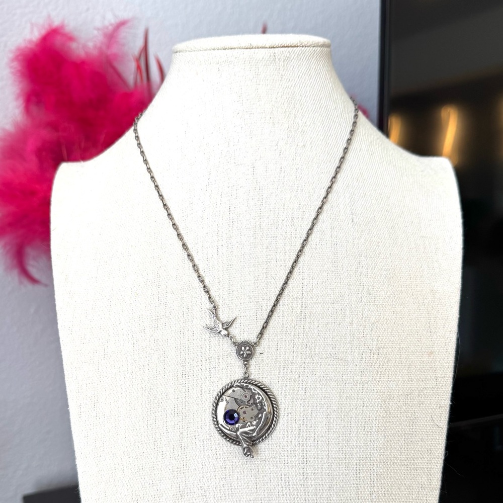 Artisan Clock Parts Art Deco Dove Necklace